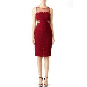 ML Monique Lhuillier Red aromatic Burgundy Illusion Cocktail Dress